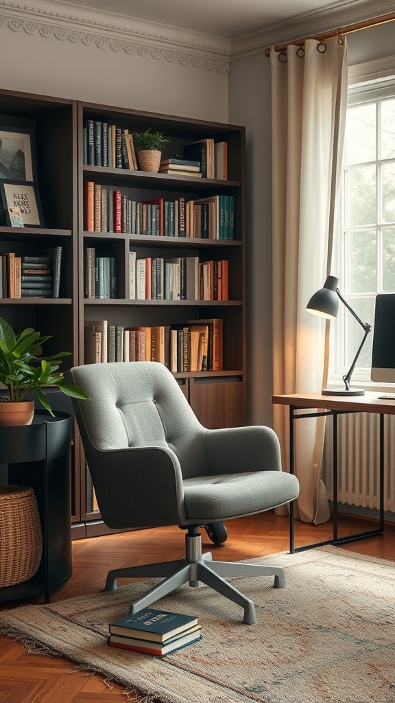A cozy reading nook with a comfortable chair, bookshelves, and natural light.