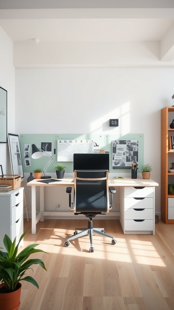 A modern home office setup with a desk, chair, and plants.