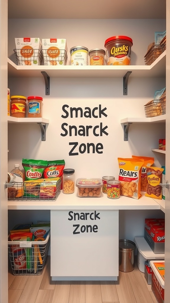 A pantry organized with a designated snack zone for kids, featuring labeled shelves and clear containers.