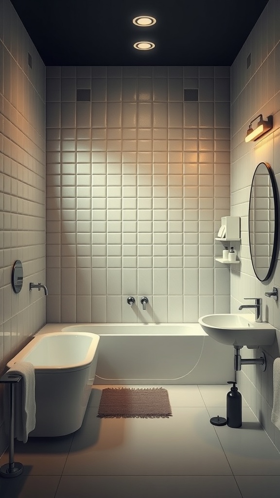 A modern bathroom with a bathtub, sink, and mirror, showcasing a clean and organized space.