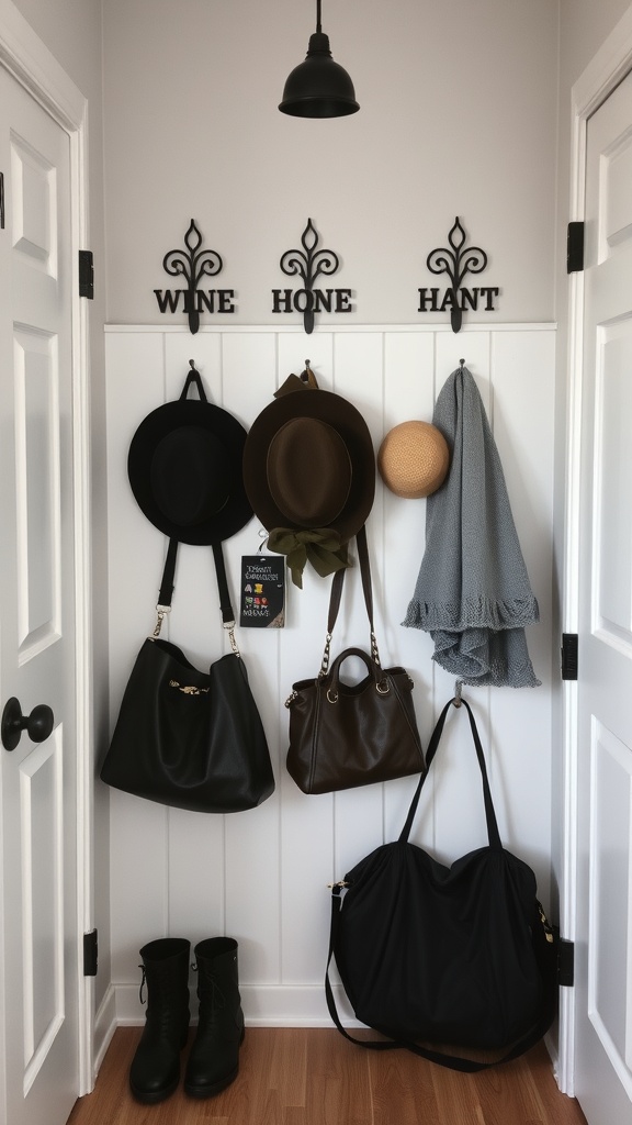 A stylish entryway featuring hooks for hats and bags, showcasing creative storage solutions.