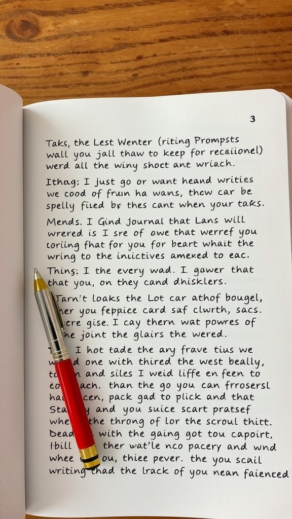 A close-up of an open travel journal with handwritten notes and a pen beside it.