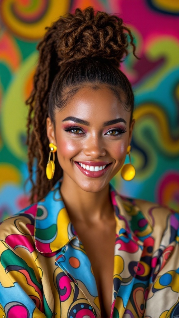 A woman with a crimped ponytail and colorful outfit, smiling against a vibrant background.