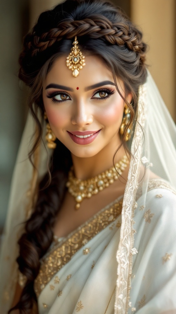 A bride with a crown braid and veil, showcasing traditional Indian bridal hairstyle.