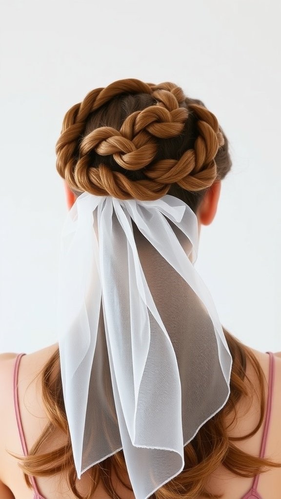 A back view of a crown of braided hair with a flowing veil