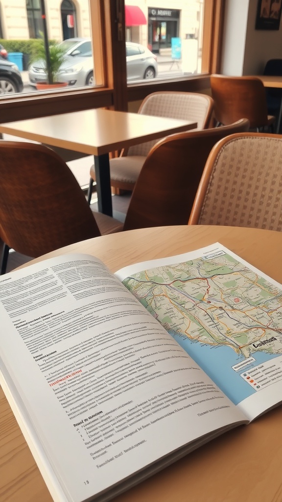 A local guidebook open on a table, showing a map and travel information.
