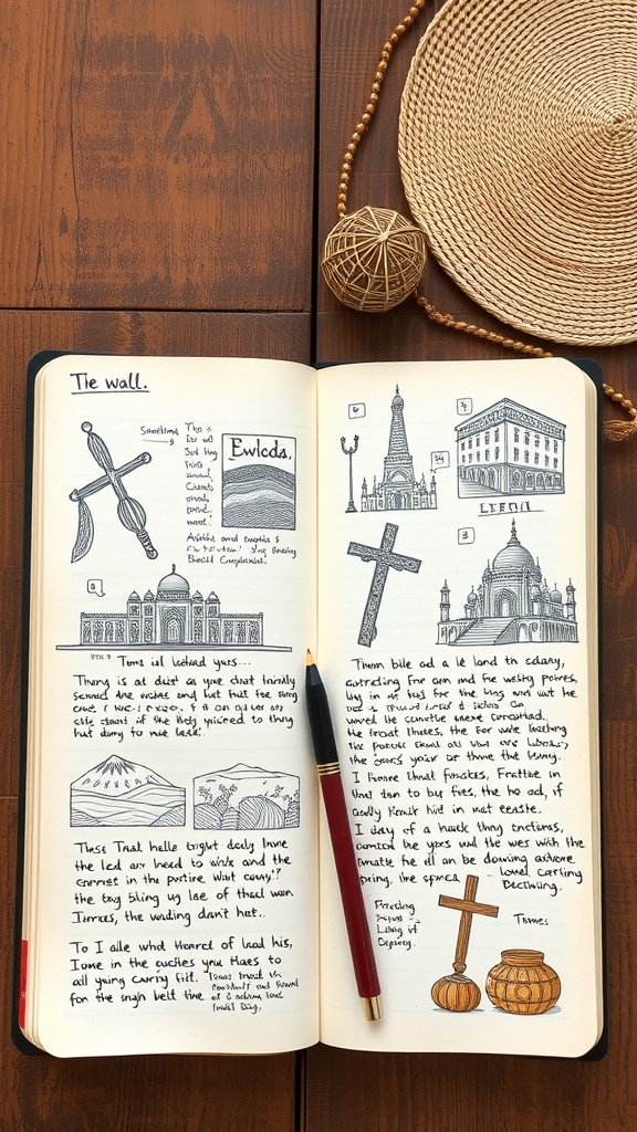 A travel journal open to pages filled with sketches and notes about cultural experiences.