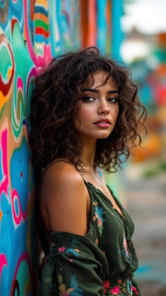 A woman with curly hair leaning against a colorful wall, showcasing a soft layered haircut.