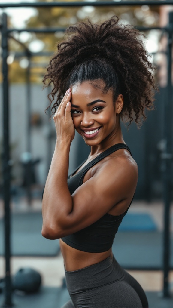 A woman with a curly ponytail smiling in a gym setting