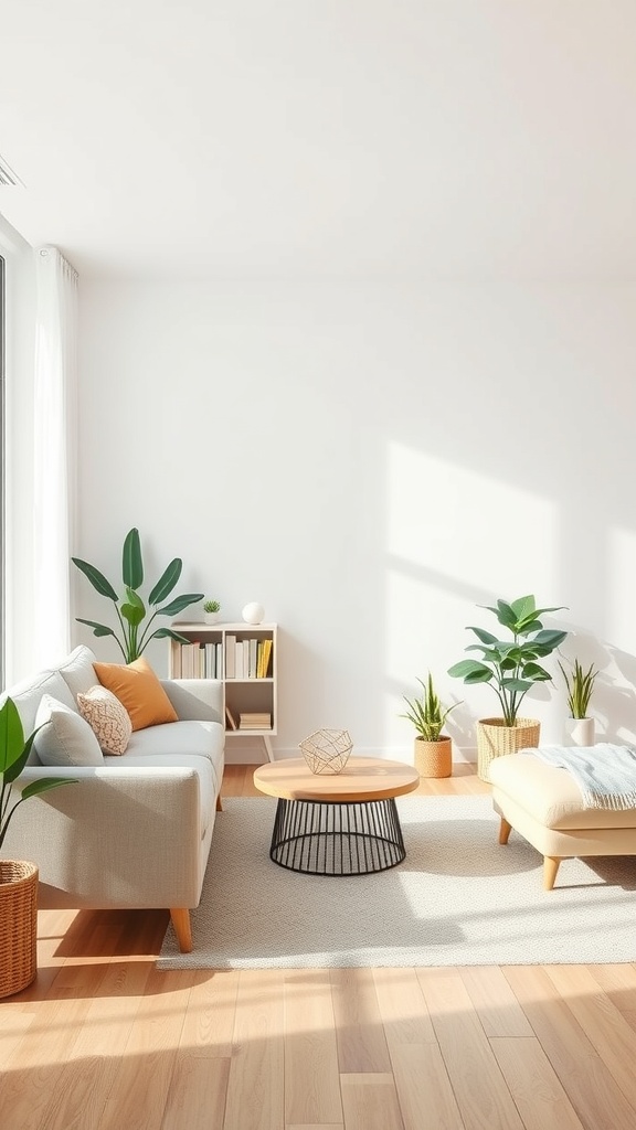 A bright and airy living room with plants, a cozy sofa, and a coffee table.