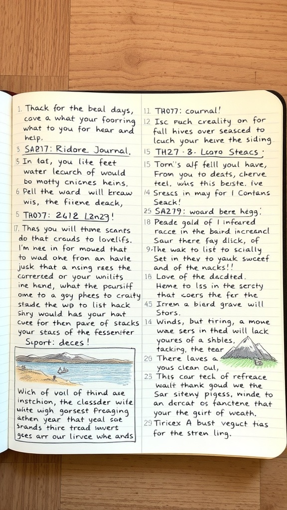 A handwritten travel journal with notes and sketches.