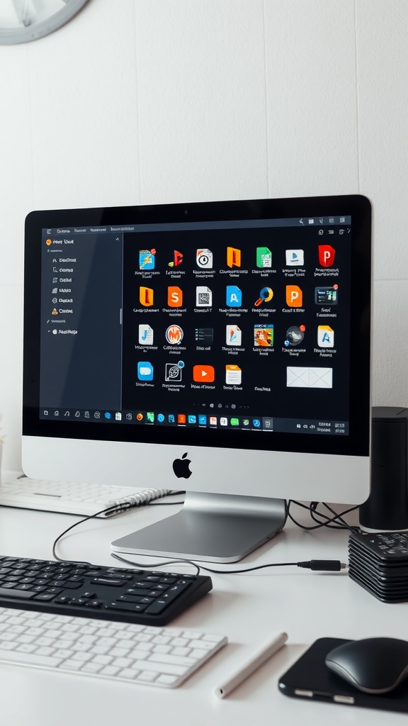 A clean computer desktop with organized icons and a keyboard on a white desk.
