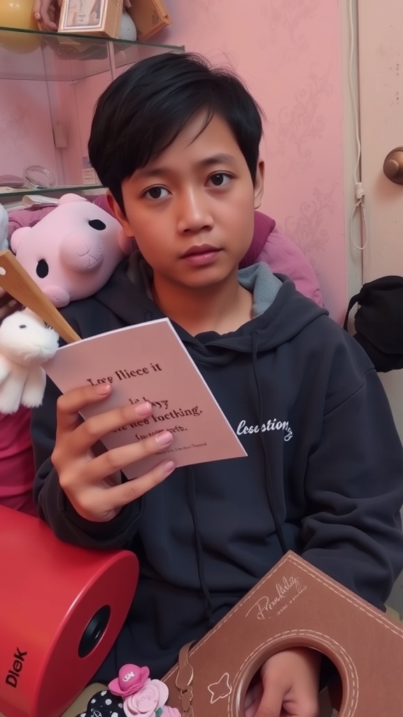 A young person holding a card and surrounded by stuffed animals in a cozy room.