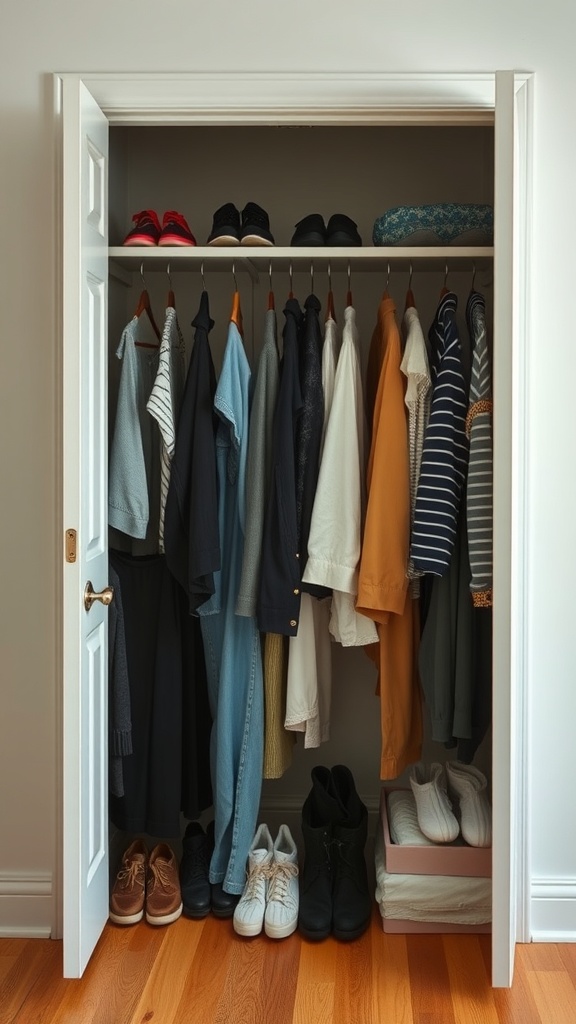 A neatly organized closet with various clothing items and shoes.