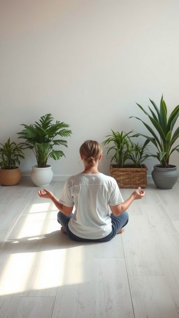A person meditating in a serene space surrounded by plants.