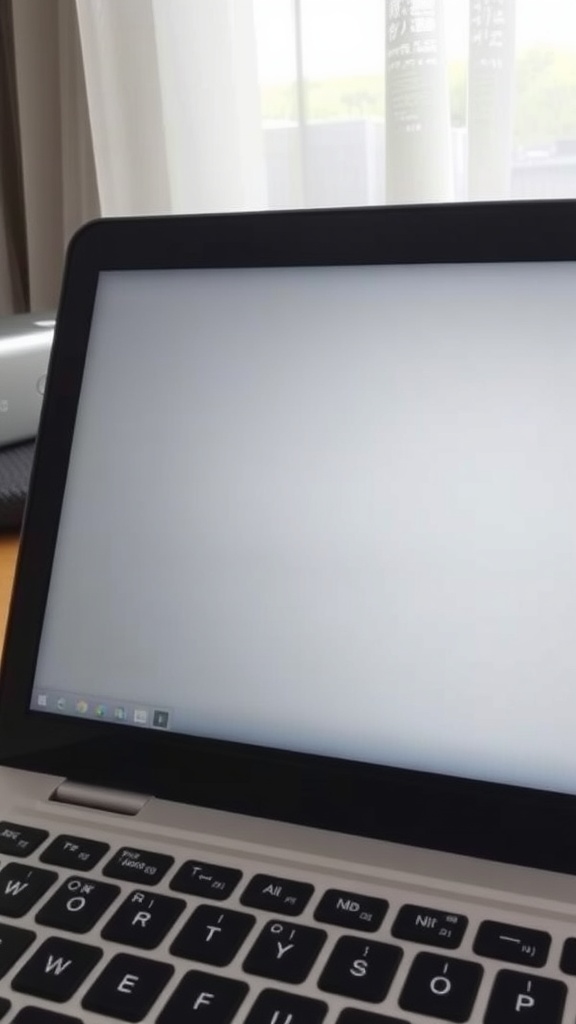 A laptop screen showing a blank display, symbolizing a fresh start for digital decluttering.