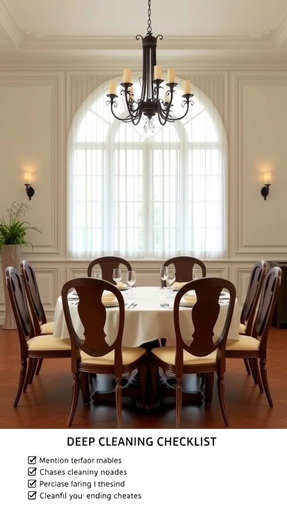 A beautifully set dining room with a chandelier and a round table surrounded by chairs.