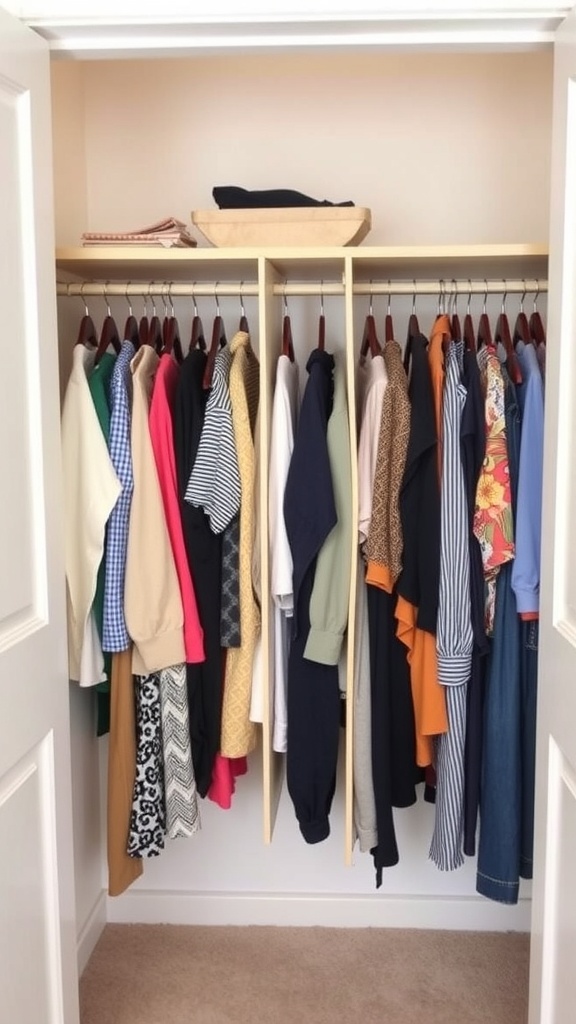 A neatly organized closet with clothes sorted by color and type, featuring wooden dividers.