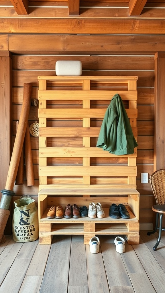 DIY pallet shoe storage with shoes and a coat hanging above