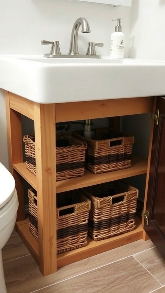 Under-sink storage with wooden shelves and woven baskets