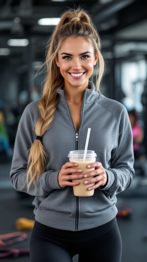 A woman in a gym setting with a double-tied ponytail, holding a drink and smiling.