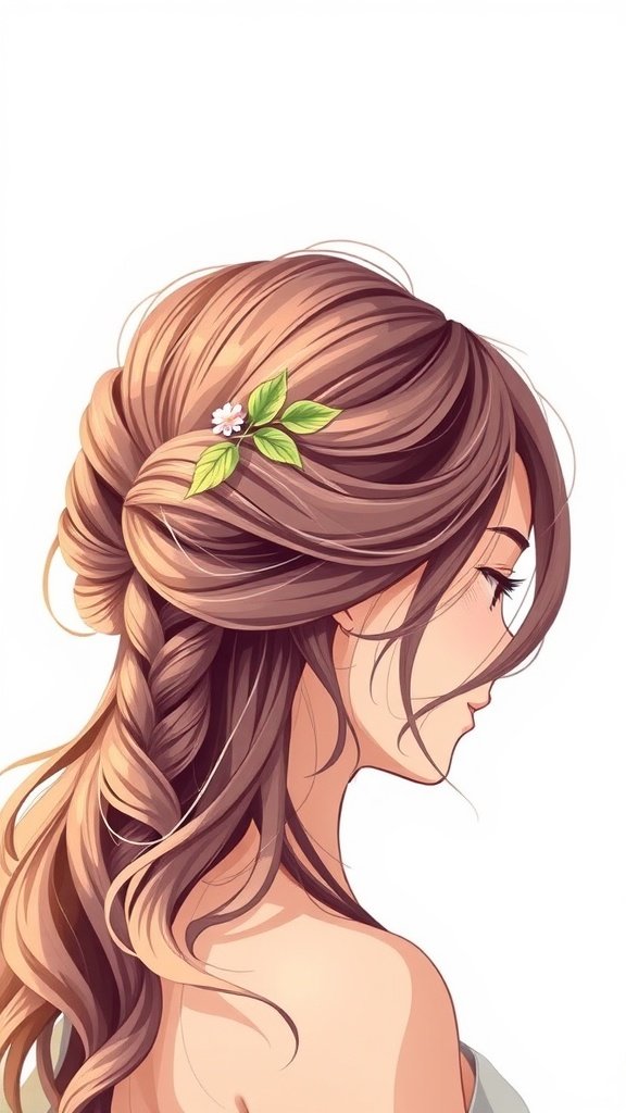 A woman with a double-twist half-up hairstyle featuring beachy texture and floral accents.