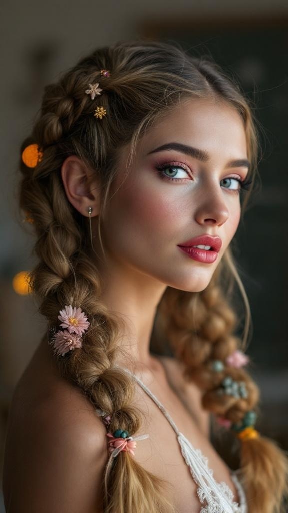 A close-up of a person with double Dutch braids adorned with flowers and colorful accessories.
