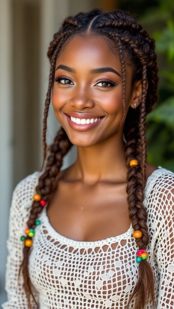 A woman with double dutch braids adorned with colorful beads, smiling warmly.