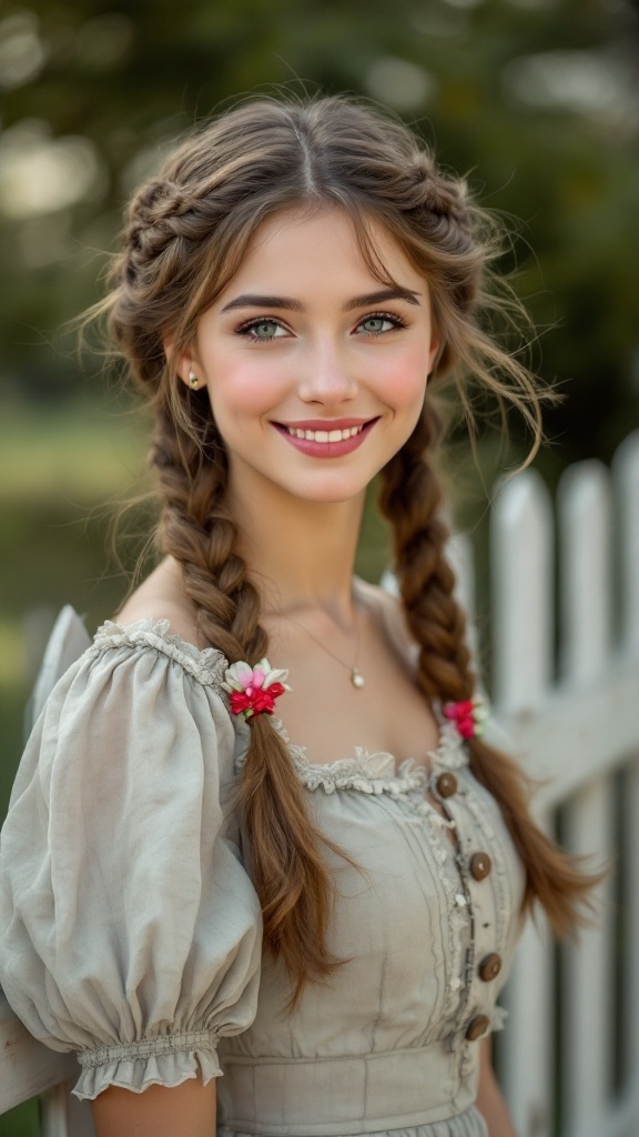 A young woman with double halo braids and a joyful smile, wearing a vintage-style dress.