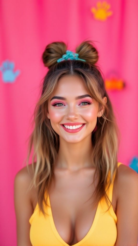 A young person with two playful ponytails styled high on their head, smiling against a colorful background.