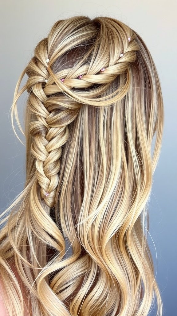 Double waterfall braids hairstyle with cascading waves and embellishments