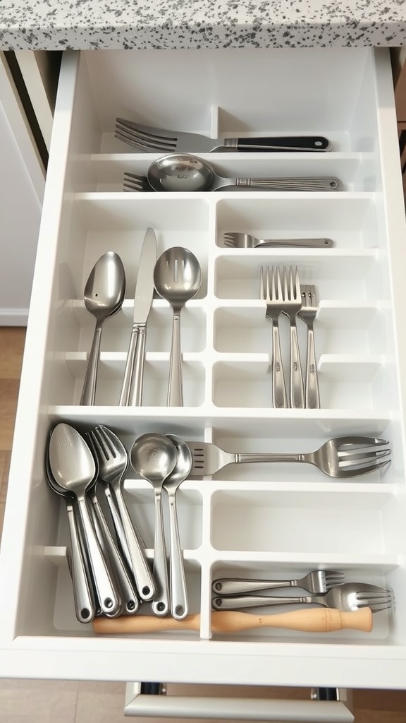 Organized kitchen drawer with dividers for utensils