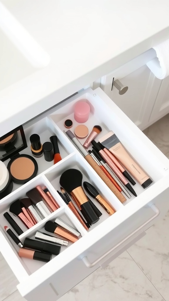 Organized bathroom drawer with dividers holding various makeup products.