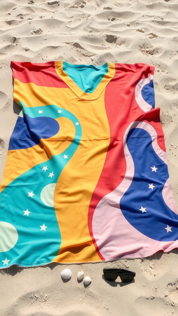Colorful beach towel laid out on sand with seashells and sunglasses nearby.