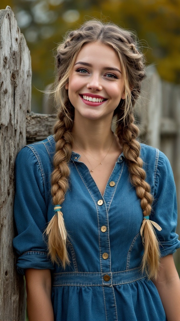 Woman with Dutch braids adorned with ribbons, smiling outdoors
