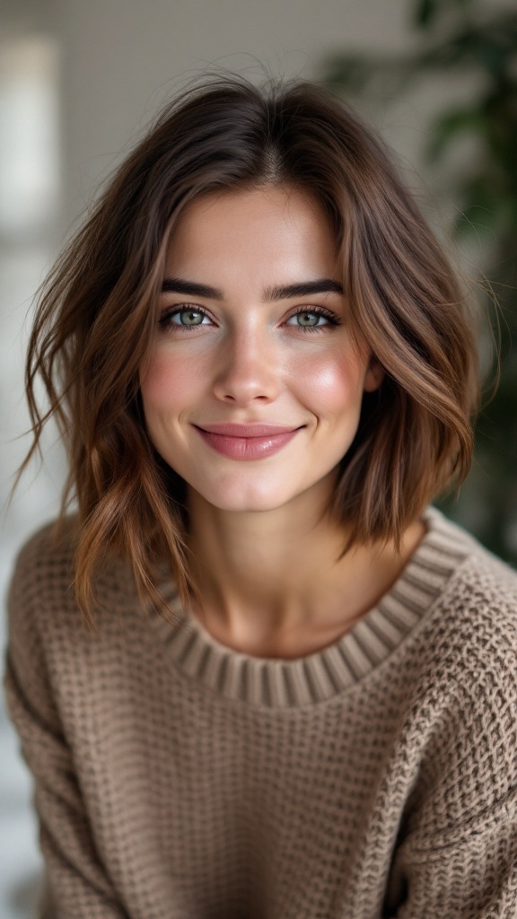 A smiling woman with an edgy asymmetrical bob hairstyle, wearing a cozy sweater.