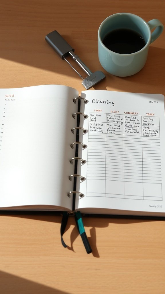 A planner open to a cleaning schedule with a cup of coffee beside it.