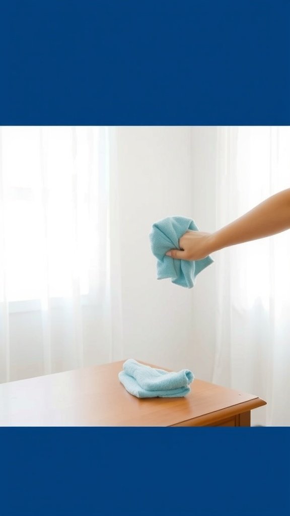 A hand holding a microfiber cloth above a table with another cloth resting on it.