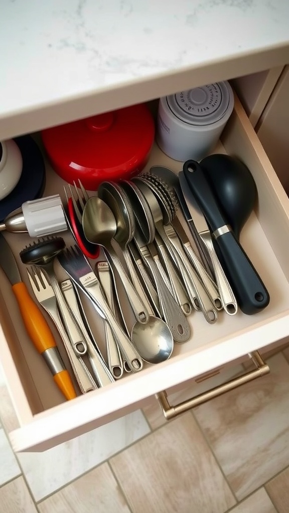 A neatly organized kitchen drawer with utensils and measuring tools.