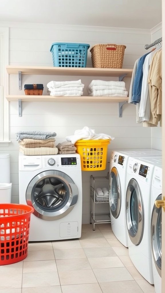 A clean laundry room with organized baskets and neatly folded towels.
