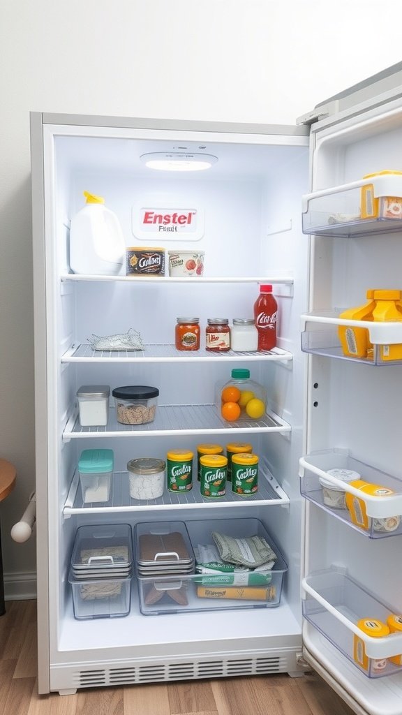 A clean and organized refrigerator with various food items neatly arranged.