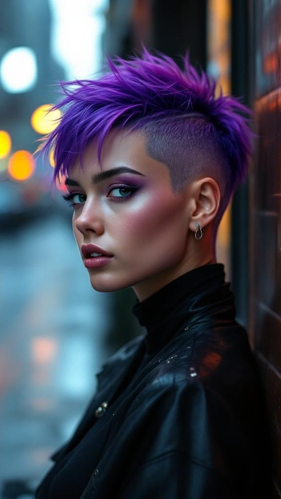 A person with an electric purple undercut hairstyle, showcasing vibrant purple hair with shaved sides.