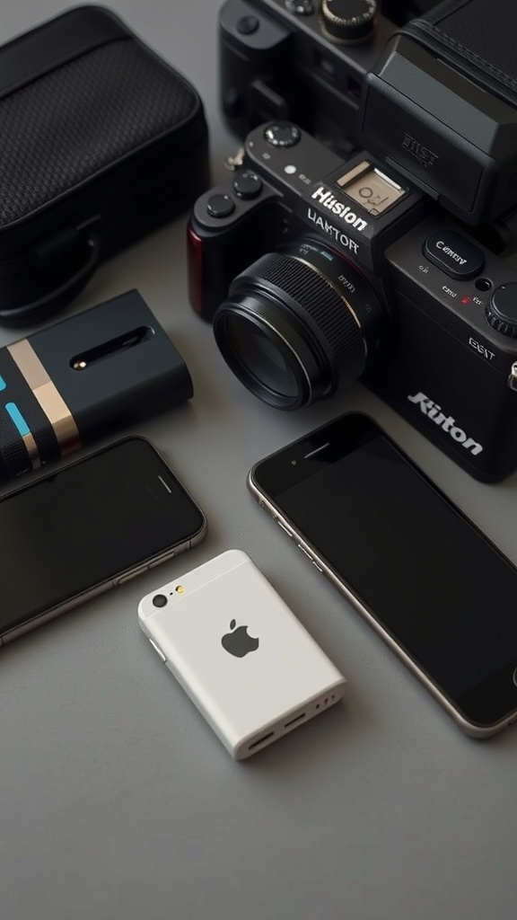 A collection of travel electronics including a camera, smartphones, and a portable charger.