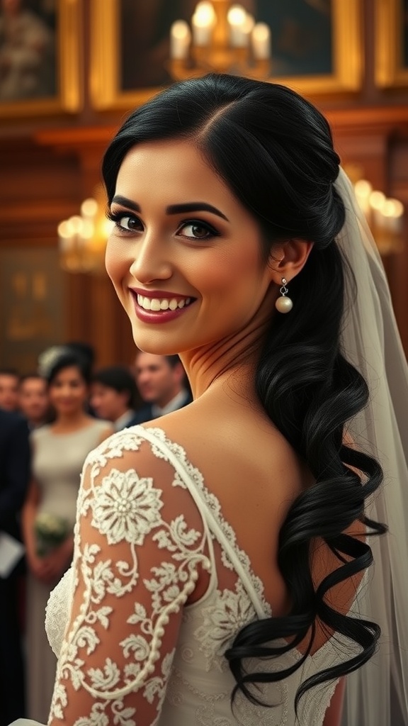 An elegant bride with a bun hairstyle and a long veil, smiling at the camera.