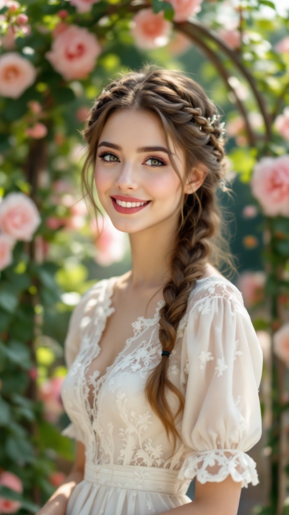 A woman with a crown braid hairstyle surrounded by roses.