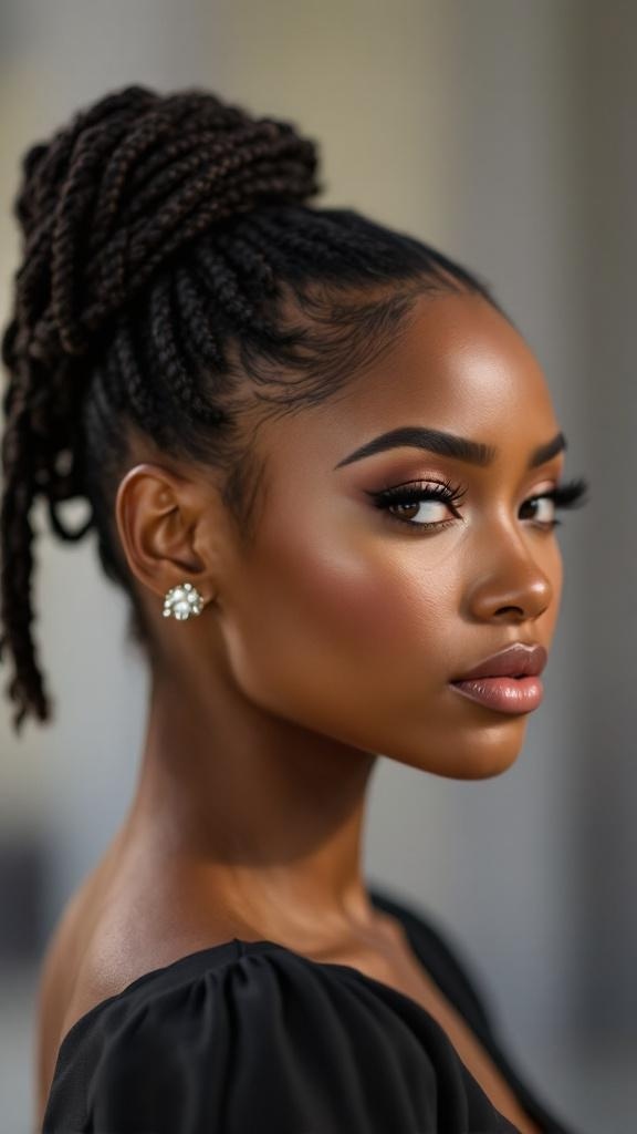 A woman with faux locs styled in a chignon, wearing a black outfit and earrings.