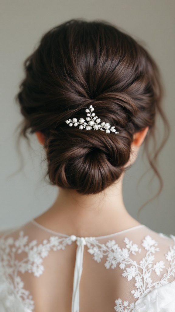 A close-up of an elegant French twist hairstyle adorned with a delicate hairpin, showcasing a classic and sophisticated look.