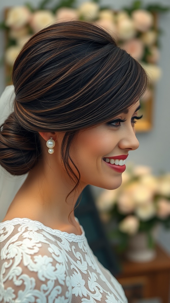 A bride with a low chignon hairstyle, adorned with pearl earrings and a lace wedding dress.