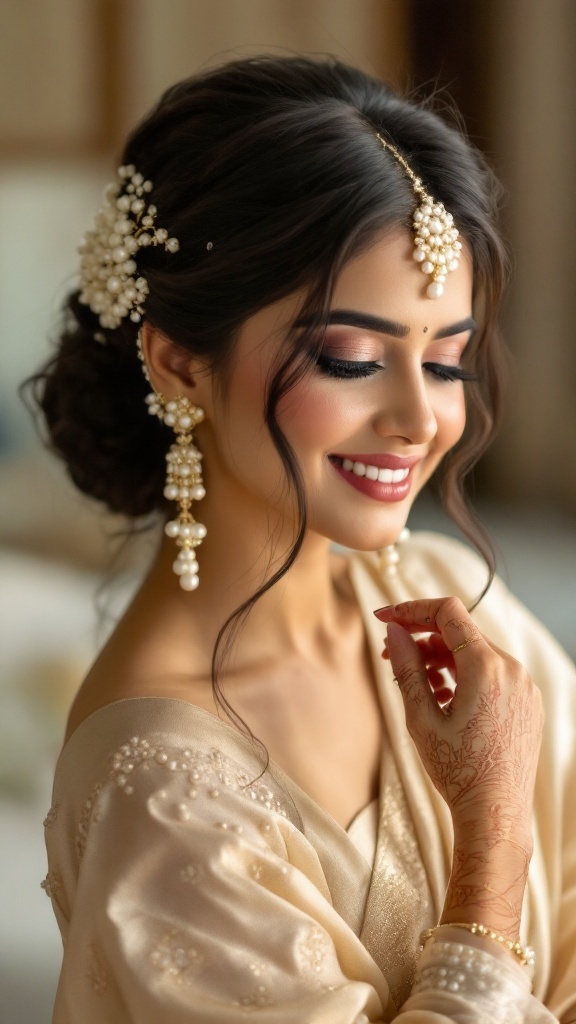 A bride with an elegant twisted bun adorned with pearls, wearing a soft-colored outfit and smiling.