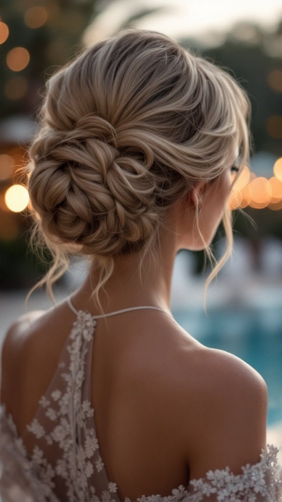 A woman with long, thick hair styled in an elegant updo, featuring intricate braids and soft strands framing her face.